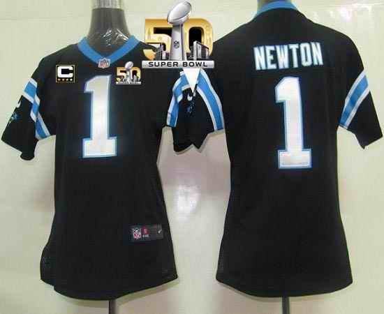 Nike Panthers #1 Cam Newton Black Team Color With C Patch Super Bowl 50 Women's Stitched NFL Elite Jersey