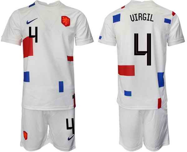 Men's Netherlands #4 Uirgil White Away Soccer Jersey Suit