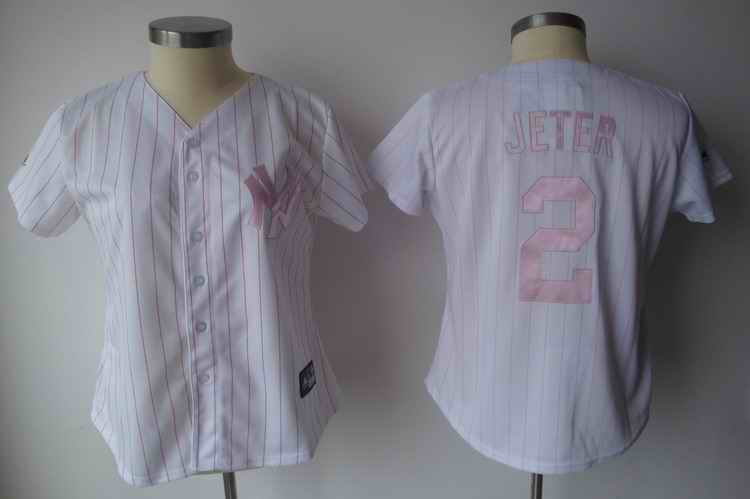 Yankees #2 Derek Jeter White With Pink Strip Women's Fashion Stitched MLB Jersey