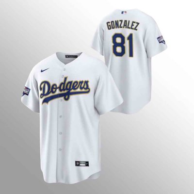 Men's Los Angeles Dodgers #81 Victor Gonzalez White Champions Patch Gold Program Cool Base Stitched Jersey