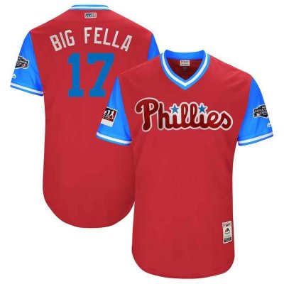 Men's Philadelphia Phillies #17 Rhys Hoskins Big Fella Majestic Scarlet/Light Blue 2018 MLB Little League Classic Stitched MLB Jersey