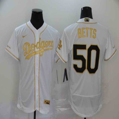 Men's Los Angeles Dodgers #50 Mookie Betts White Golden Flex Base Stitched MLB Jersey