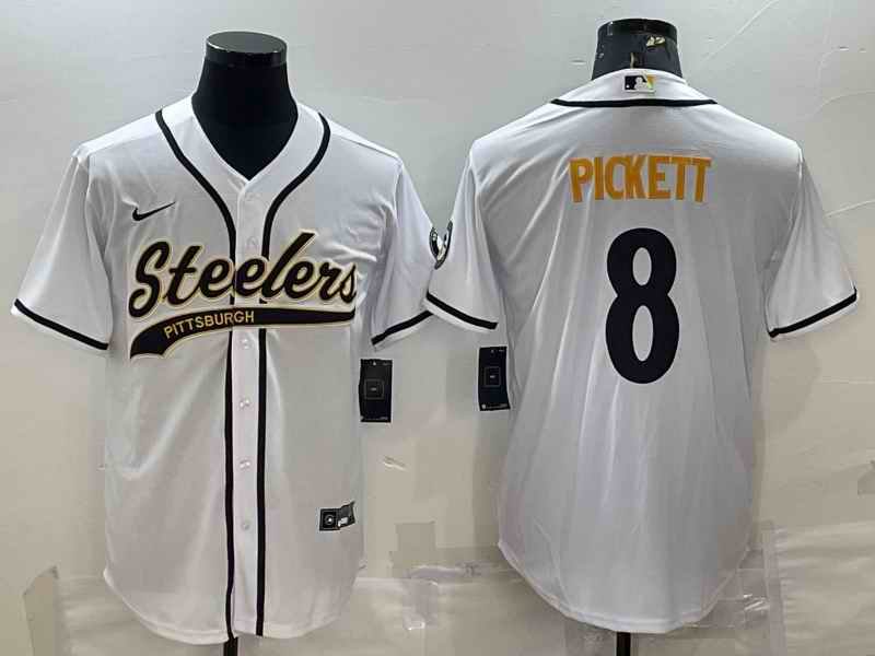 Men's Pittsburgh Steelers #8 Kenny Pickett White With Patch Cool Base Stitched Baseball Jersey