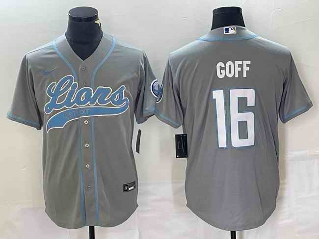 Men's Detroit Lions #16 Jared Goff Grey Cool Base Stitched Baseball Jersey