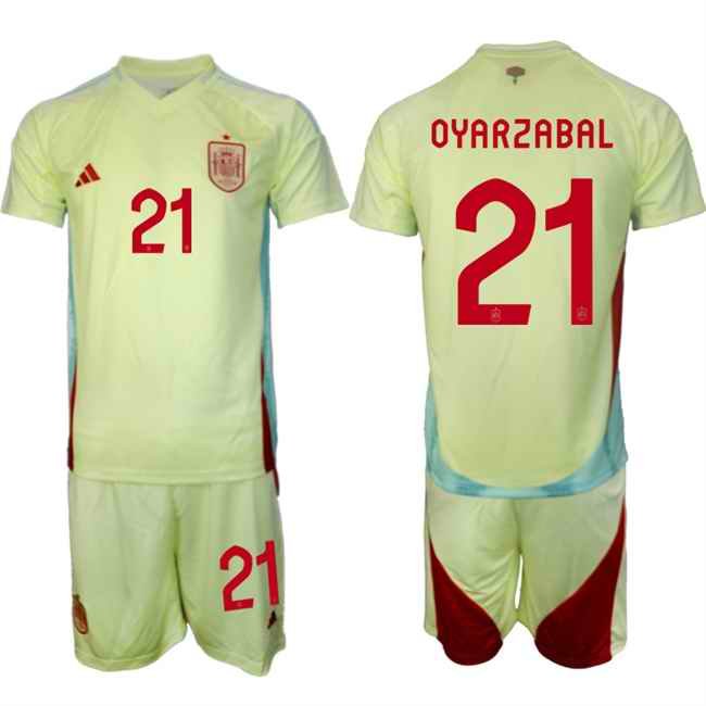 Men's Spain Team #21 Mikel Oyarzabal 2024-25 Yellow Away Soccer Jersey Suit