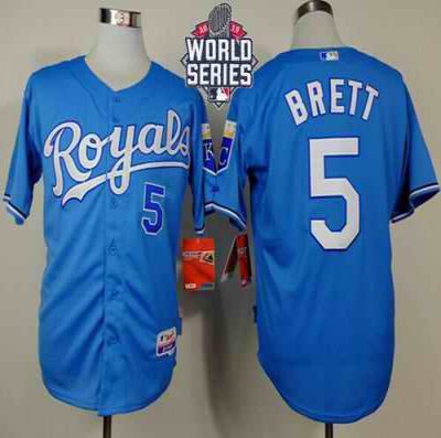 Royals #5 George Brett Light Blue Alternate Cool Base W/2015 World Series Patch Stitched MLB Jersey