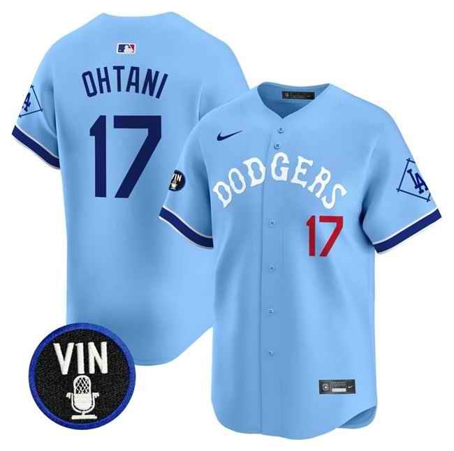 Men's Los Angeles Dodgers #17 Shohei Ohtani Light Blue With Vin Patch Limited Stitched Baseball Jersey