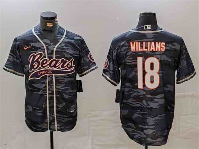 Men's Chicago Bears #18 Caleb Williams Grey Camo With Patch Cool Base Stitched Baseball Jersey