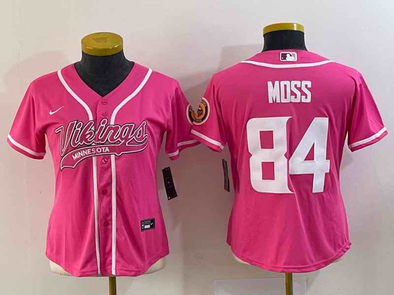 Women's Minnesota Vikings #84 Randy Moss Pink With Patch Cool Base Stitched Baseball Jersey(Run Small)