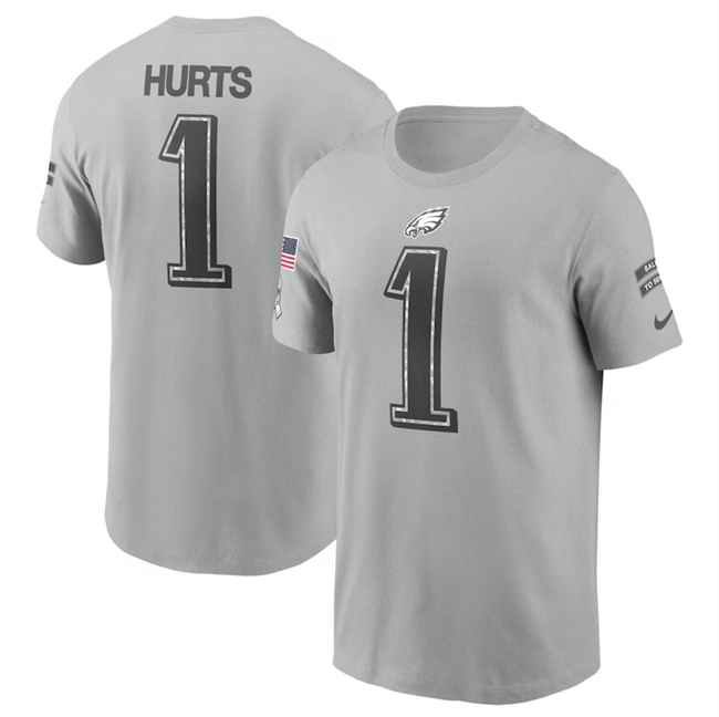 Men's Philadelphia Eagles #1 Jalen Hurts 2024 Gray Salute To Service Name & Number T-Shirt