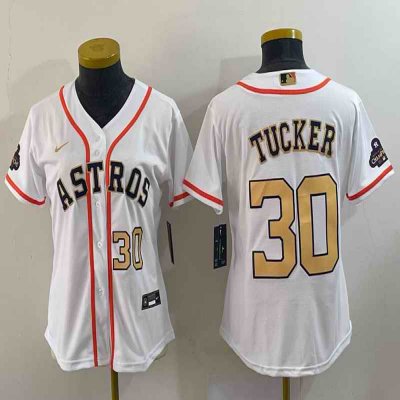 Women's Houston Astros #30 Kyle Tucker White 2023 Gold Collection With World Serise Champions Patch Stitched Jersey(Run Small)