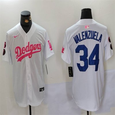 Men's Los Angeles Dodgers #34 Toro Valenzuela White/Pink Vin & Kobe Patch Stitched Baseball Jersey