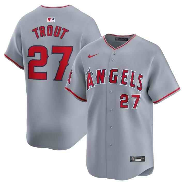 Men's Los Angeles Angels #27 Mike Trout Grey Away Limited Stitched Baseball Jersey