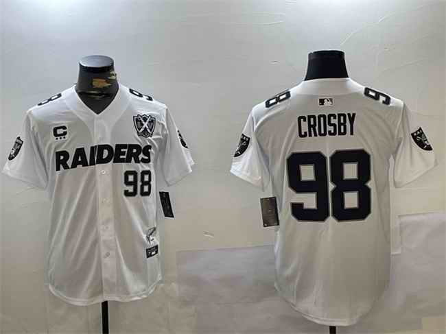 Men's Las Vegas Raiders #98 Maxx Crosby White With Nevada Silver Stat Patch And 65th Anniversary Patch 3-Star C Patch Stitched Baseball Jersey