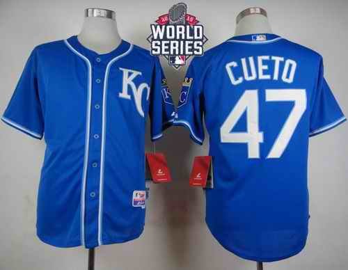 Royals #47 Johnny Cueto Light Blue Alternate 2 Cool Base W/2015 World Series Patch Stitched MLB Jersey