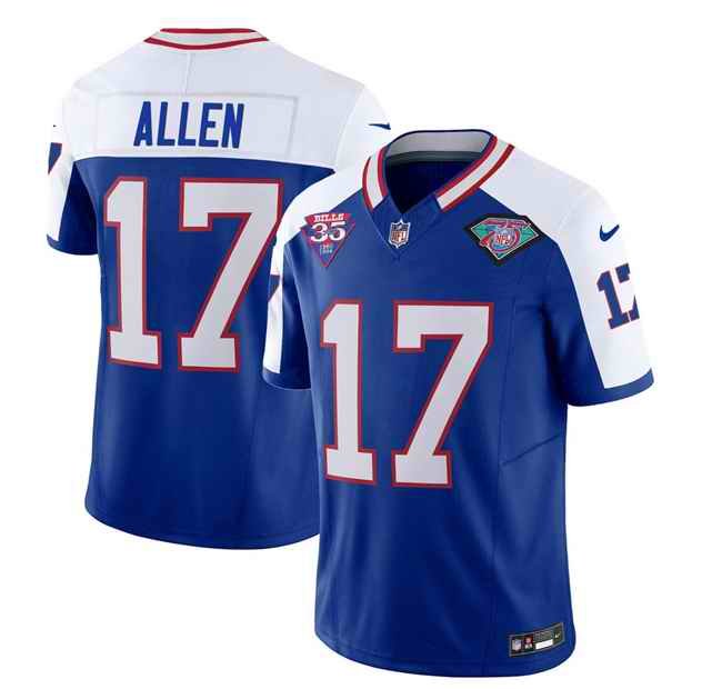 Men's Buffalo Bills #17 Josh Allen Blue/White 35th And 75th Patch 2023 F.U.S.E. Throwback Vapor Untouchable Limited Stitched Jersey