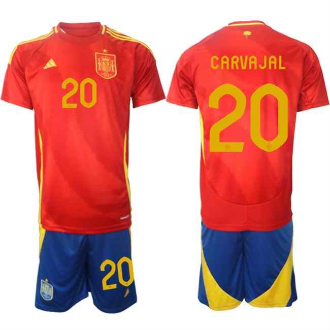 Men's Spain Team #20 Dani Carvajal 2024-25 Red Home Soccer Jersey Suit