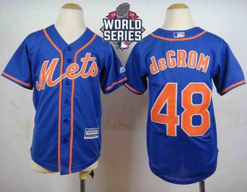 Mets #48 Jacob DeGrom Blue Alternate Home Cool Base W/2015 World Series Patch Stitched Youth MLB Jersey