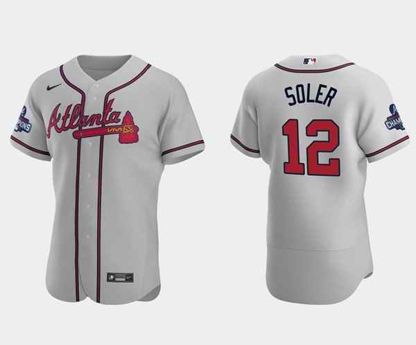 Men's Atlanta Braves #12 Jorge Soler 2021 Grey World Series Champions Flex Base Stitched Jersey