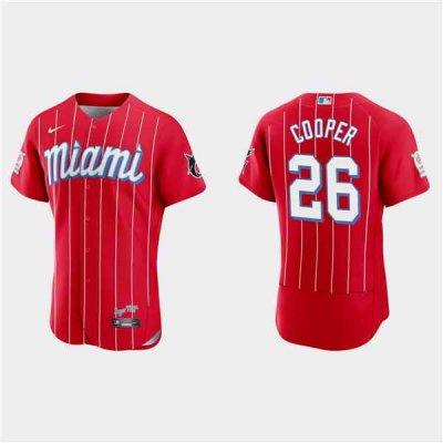 Men's Miami Marlins #26 Garrett Cooper Red 2021 City Connect Flex Base Stitched Jersey