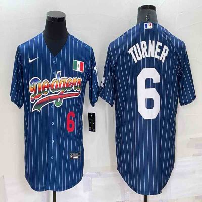 Men's Los Angeles Dodgers #6 Trea Turner Navy Mexico Rainbow Cool Base Stitched Baseball Jersey