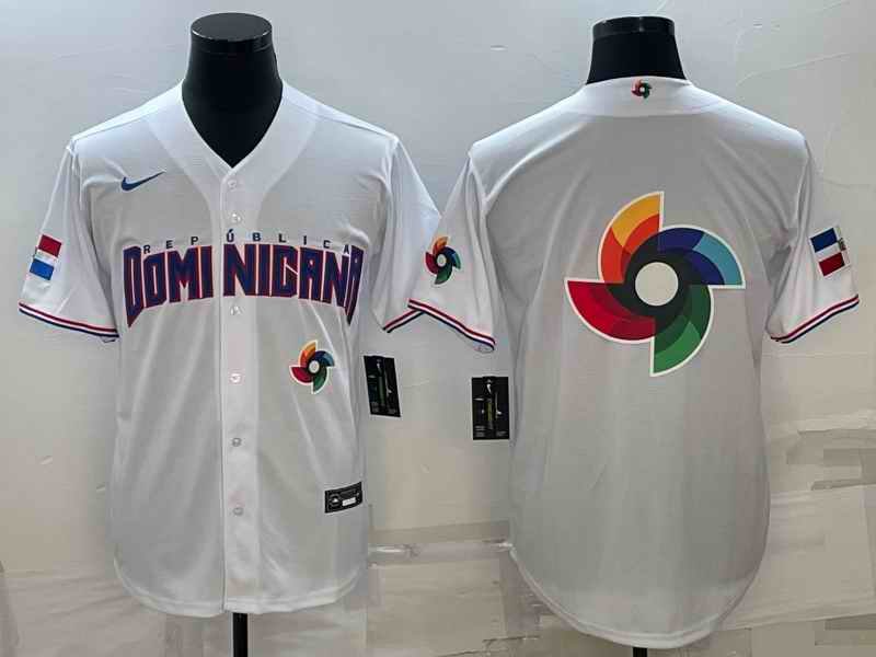 Men's Dominican Republic Baseball 2023 White World Baseball Big Logo With Patch Classic Stitched Jersey