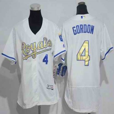 Royals #4 Alex Gordon White Flexbase Authentic 2015 World Series Champions Gold Program Cool Base Women's Stitched MLB Jersey