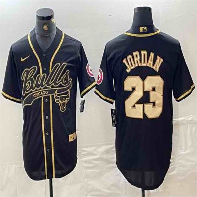 Men's Chicago Bulls #23 Michael Jordan Black/Gold Cool Base Stitched Baseball Jersey