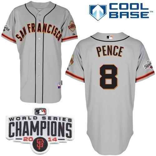 Giants #8 Hunter Pence Grey Road Cool Base W/2014 World Series Champions Patch Stitched MLB Jersey