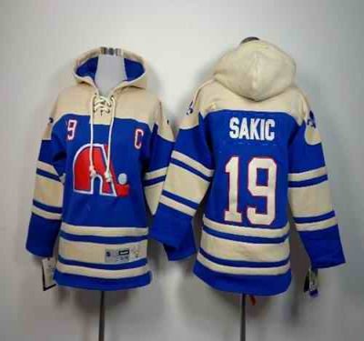 Nordiques #19 Joe Sakic Blue Sawyer Hooded Sweatshirt Stitched Youth NHL Jersey