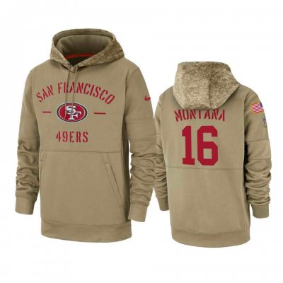 Men's San Francisco 49ers #16 Joe Montana Tan 2019 Salute to Service Sideline Therma Pullover Hoodie