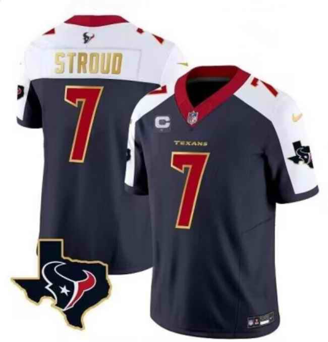 Men's Houston Texans #7 C.J. Stroud Navy/White Gold 2024 F.U.S.E. With 1-Star C Patch Limited Stitched Jersey