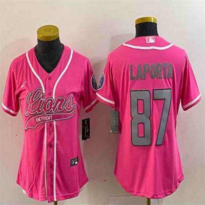 Women's Detroit Lions #87 Sam LaPorta Pink With Patch Cool Base Stitched Baseball Jersey(Run Small)