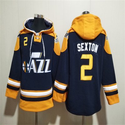 Men's Utah Jazz #2 Collin Sexton Navy/Yellow Lace-Up Pullover Hoodie