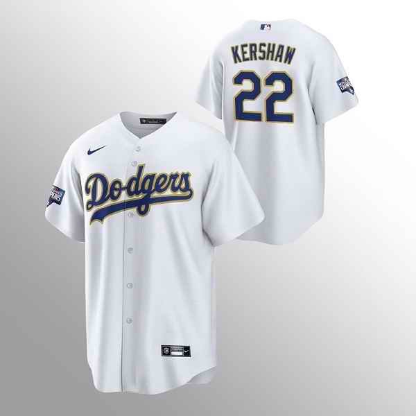 Men's Los Angeles Dodgers #22 Clayton Kershaw White Champions Patch Gold Program Cool Base Stitched Jersey