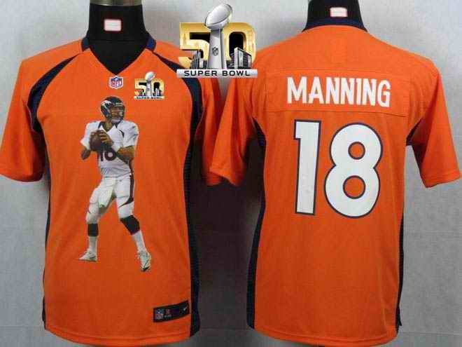 Nike Broncos #18 Peyton Manning Orange Team Color Super Bowl 50 Youth Portrait Fashion NFL Game Jersey