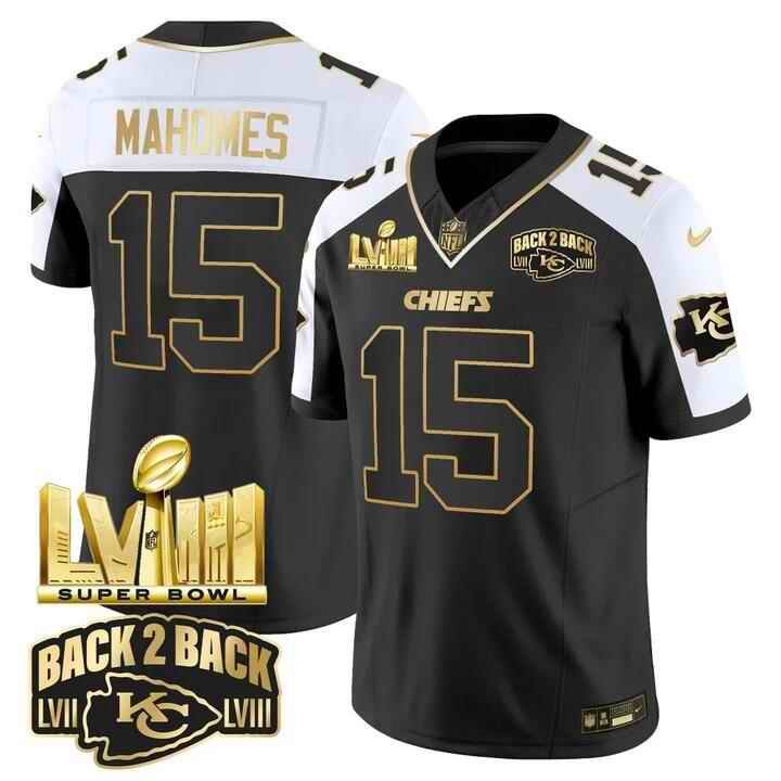 Men's Kansas City Chiefs #15 Patrick Mahomes Black/White 2024 F.U.S.E Super Bowl LVIII Patch With Back 2 Back Gold Patch Vapor Untouchable Limited Stitched Football Jersey