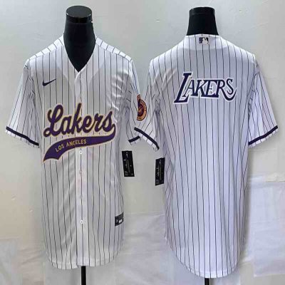 Men's Los Angeles Lakers White Team Big Logo Cool Base With Patch Stitched Baseball Jersey