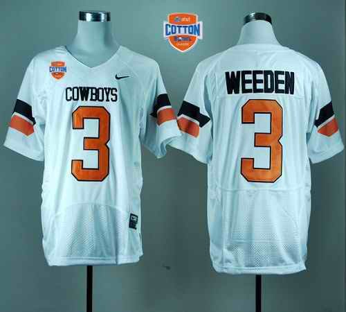 Cowboys #3 Brandon Weeden White Pro Combat 2014 Cotton Bowl Patch Stitched NCAA Jersey