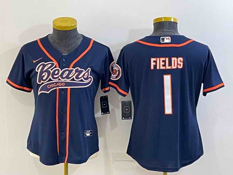 Women's Chicago Bears #1 Justin Fields Navy With Patch Cool Base Stitched Baseball Jersey(Run Small)