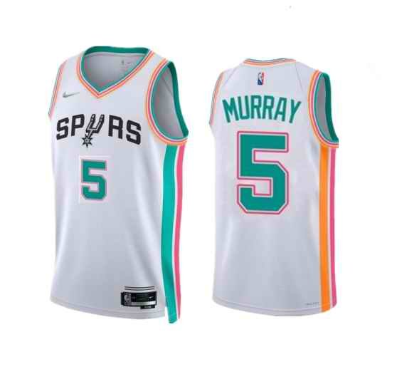 Men's San Antonio Spurs #5 Dejounte Murray 2021/22 White City Edition Stitched Jersey