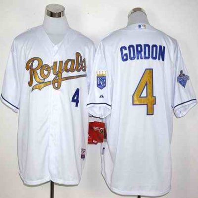 Royals #4 Alex Gordon White 2015 World Series Champions Gold Program Stitched MLB Jersey