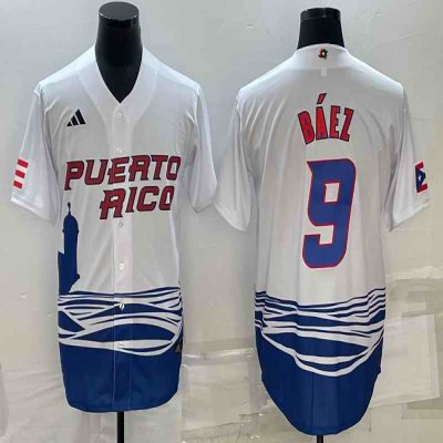 Men's Puerto Rico Baseball #9 Javier B'ez 2023 White World Baseball Classic Stitched Jersey