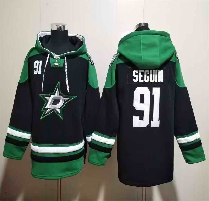 Men's Dallas Stars #91 Tyler Seguin Black Green Lace-Up Pullover Hoodie