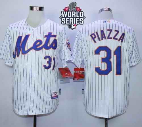 Mets #31 Mike Piazza White(Blue Strip) Home Cool Base W/2015 World Series Patch Stitched MLB Jersey