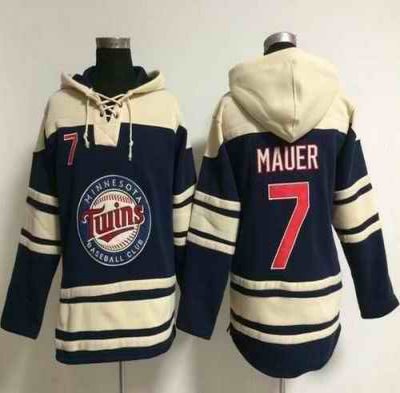 Twins #7 Joe Mauer Navy Blue Sawyer Hooded Sweatshirt MLB Hoodie