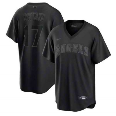 Men's Los Angeles Angels #17 Shohei Ohtani Black Pitch Black Fashion Replica Stitched Jersey