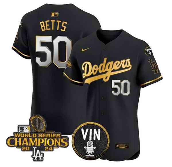 Men's Los Angeles Dodgers #50 Mookie Betts Black/Gold 2024 World Series Champions With Vin Patch Vapor Limited Stitched Baseball Jersey