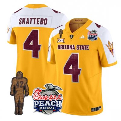 Men's Arizona State Sun Devils #4 Cam Skattebo 2024 F.U.S.E. Gold/White Pat Tillman & Peach Bowl Patch Vapor Limited Stitched Jersey