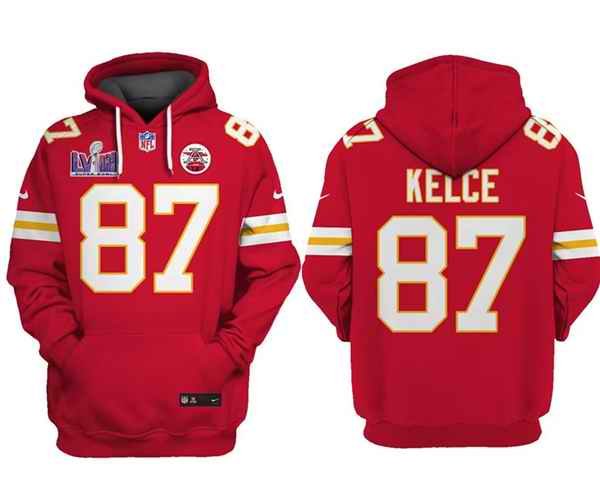 Men's Kansas City Chiefs #87 Travis Kelce Red Super Bowl LVIII Patch Pullover Hoodie